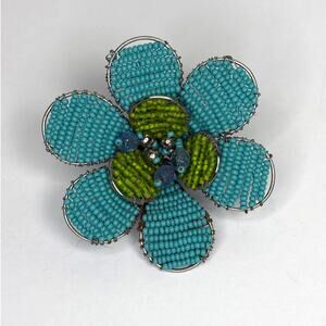 Handmade Seed Beaded 3D Flower Daisy Brooch Pin Blue Green
